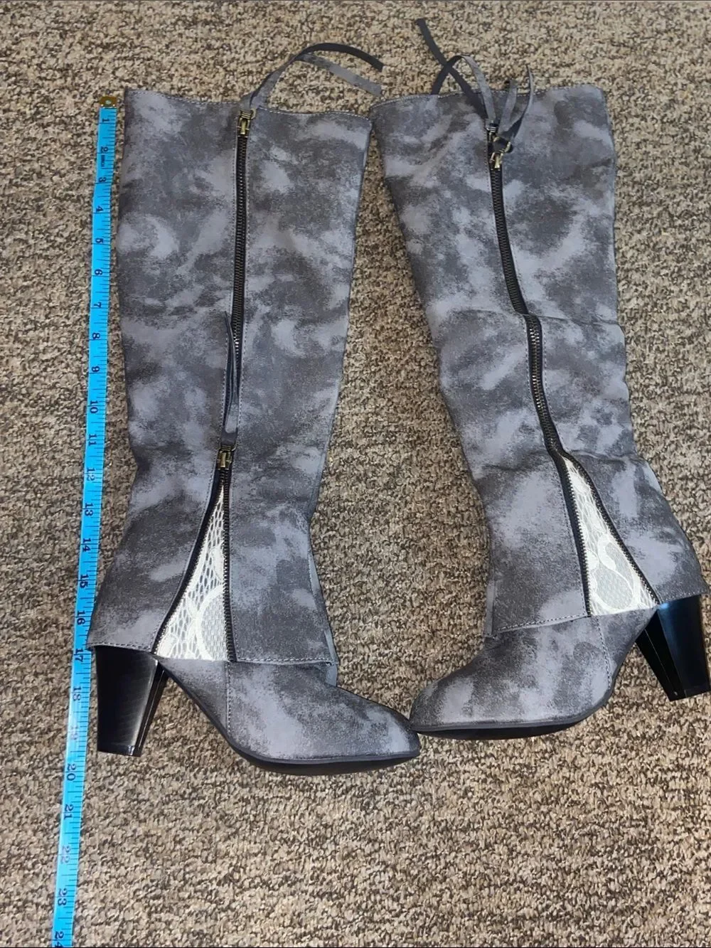 Over-the-Knee Gray Block Heel Boots with Snake-Print Heel Accent